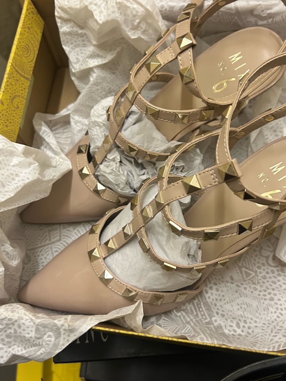 MIA Nude Patent Pointed-Toe Strappy Pumps with Gold Studs